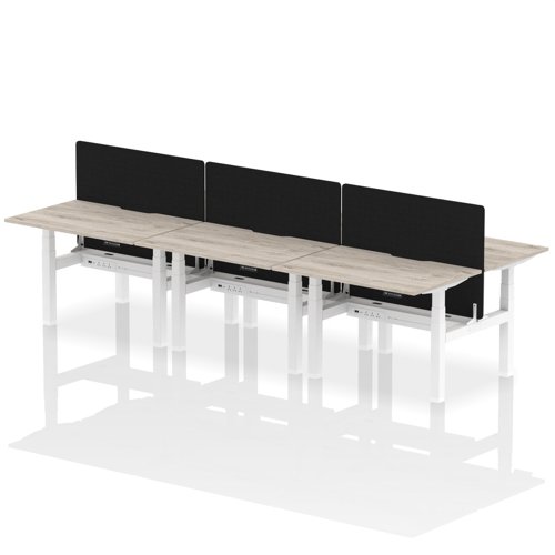 Air Back-to-Back 1200 x 800mm Height Adjustable 6 Person Office Bench Desk Grey Oak Top with Scalloped Edge White Frame with Black Straight Screen