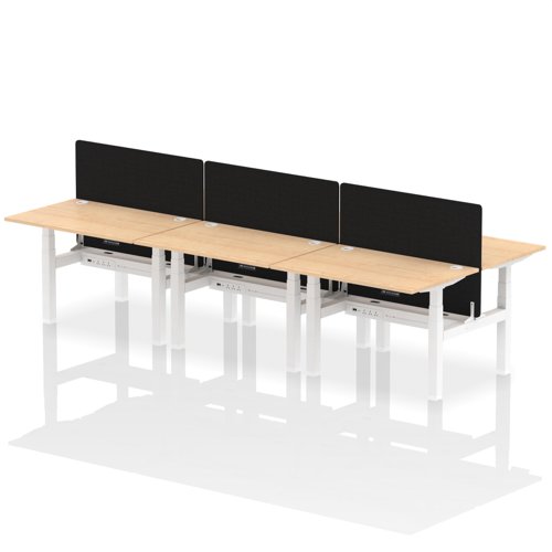 Air Back-to-Back 1200 x 800mm Height Adjustable 6 Person Office Bench Desk Maple Top with Cable Ports White Frame with Black Straight Screen