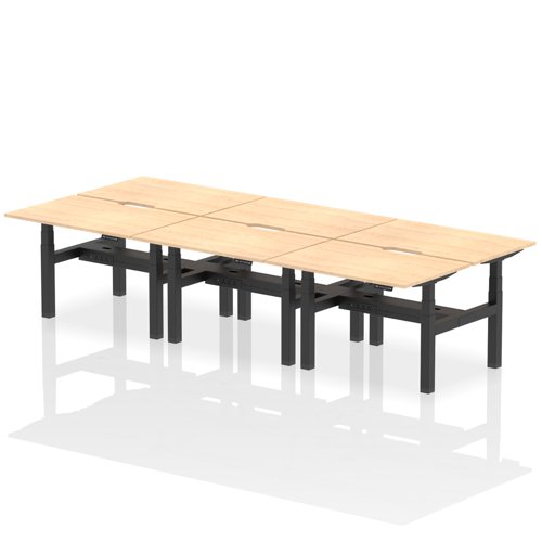 Air Back-to-Back 1200 x 800mm Height Adjustable 6 Person Office Bench Desk Maple Top with Scalloped Edge Black Frame