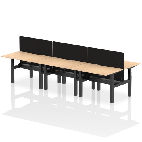Air Back-to-Back 1200 x 800mm Height Adjustable 6 Person Office Bench Desk Maple Top with Scalloped Edge Black Frame with Black Straight Screen