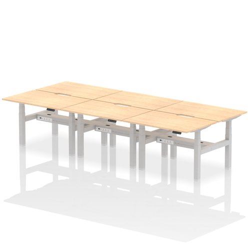 Air Back-to-Back 1200 x 800mm Height Adjustable 6 Person Office Bench Desk Maple Top with Scalloped Edge Silver Frame