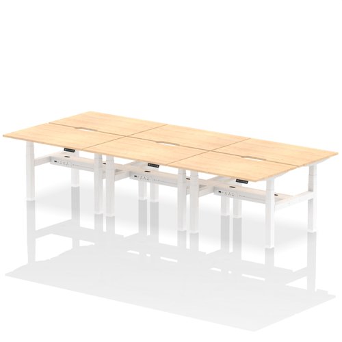 Air Back-to-Back 1200 x 800mm Height Adjustable 6 Person Office Bench Desk Maple Top with Scalloped Edge White Frame