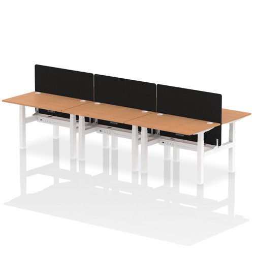 Air Back-to-Back 1200 x 800mm Height Adjustable 6 Person Office Bench Desk Oak Top with Cable Ports White Frame with Black Straight Screen