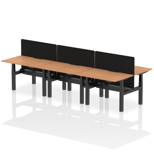 Air Back-to-Back 1200 x 800mm Height Adjustable 6 Person Office Bench Desk Oak Top with Scalloped Edge Black Frame with Black Straight Screen