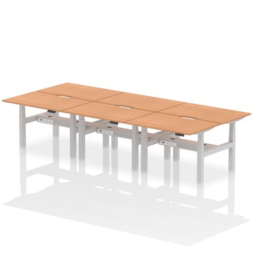 Air Back-to-Back 1200 x 800mm Height Adjustable 6 Person Office Bench Desk Oak Top with Scalloped Edge Silver Frame