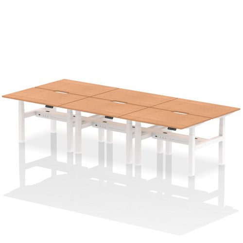 Air Back-to-Back 1200 x 800mm Height Adjustable 6 Person Office Bench Desk Oak Top with Scalloped Edge White Frame