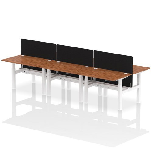 Air Back-to-Back 1200 x 800mm Height Adjustable 6 Person Office Bench Desk Walnut Top with Cable Ports White Frame with Black Straight Screen