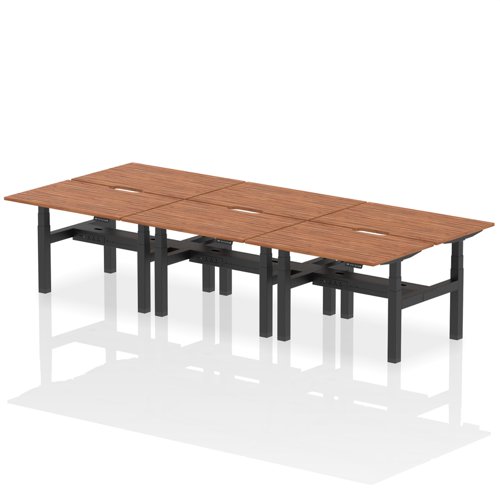 Air Back-to-Back 1200 x 800mm Height Adjustable 6 Person Office Bench Desk Walnut Top with Scalloped Edge Black Frame