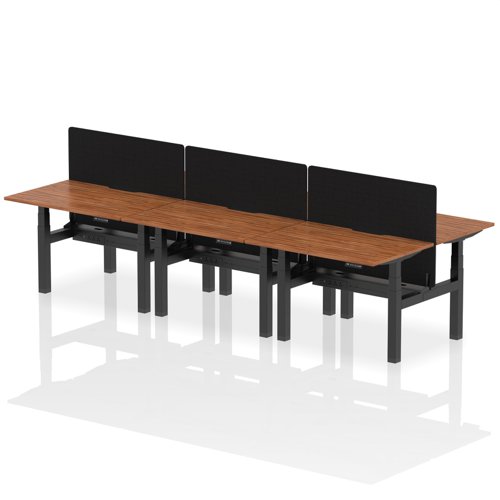 Air Back-to-Back 1200 x 800mm Height Adjustable 6 Person Office Bench Desk Walnut Top with Scalloped Edge Black Frame with Black Straight Screen