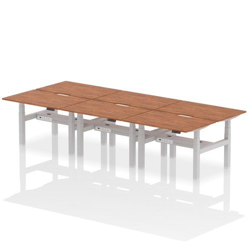 Air Back-to-Back 1200 x 800mm Height Adjustable 6 Person Office Bench Desk Walnut Top with Scalloped Edge Silver Frame