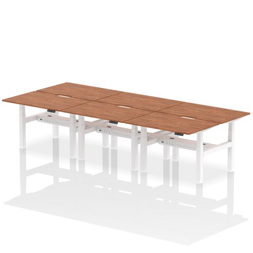Air Back-to-Back 1200 x 800mm Height Adjustable 6 Person Office Bench Desk Walnut Top with Scalloped Edge White Frame