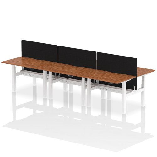 Air Back-to-Back 1200 x 800mm Height Adjustable 6 Person Office Bench Desk Walnut Top with Scalloped Edge White Frame with Black Straight Screen
