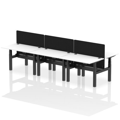 Air Back-to-Back 1200 x 800mm Height Adjustable 6 Person Office Bench Desk White Top with Cable Ports Black Frame with Black Straight Screen