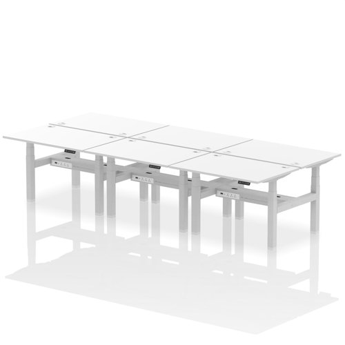 Air Back-to-Back 1200 x 800mm Height Adjustable 6 Person Bench Desk White Top with Cable Ports Silver Frame