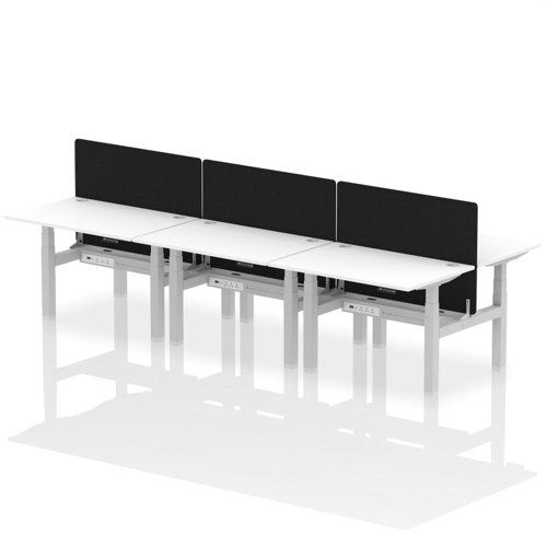 Air Back-to-Back 1200 x 800mm Height Adjustable 6 Person Office Bench Desk White Top with Cable Ports Silver Frame with Black Straight Screen