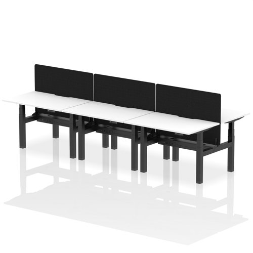 Air Back-to-Back 1200 x 800mm Height Adjustable 6 Person Office Bench Desk White Top with Scalloped Edge Black Frame with Black Straight Screen