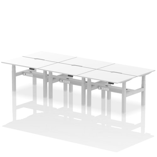 Air Back-to-Back 1200 x 800mm Height Adjustable 6 Person Office Bench Desk White Top with Scalloped Edge Silver Frame