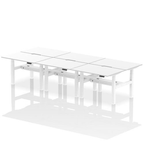 Air Back-to-Back 1200 x 800mm Height Adjustable 6 Person Office Bench Desk White Top with Scalloped Edge White Frame