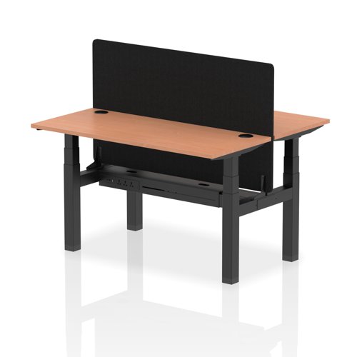 Air Back-to-Back 1400 x 600mm Height Adjustable 2 Person Office Bench Desk Beech Top with Cable Ports Black Frame with Black Straight Screen