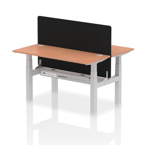 Air Back-to-Back 1400 x 600mm Height Adjustable 2 Person Office Bench Desk Beech Top with Cable Ports Silver Frame with Black Straight Screen