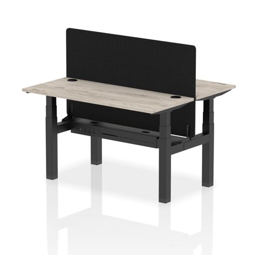 Air Back-to-Back 1400 x 600mm Height Adjustable 2 Person Office Bench Desk Grey Oak Top with Cable Ports Black Frame with Black Straight Screen