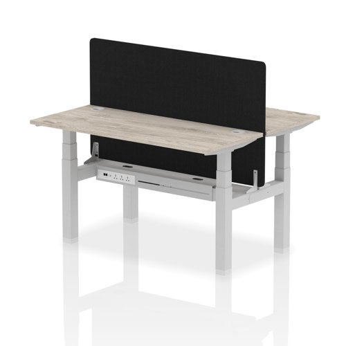 Air Back-to-Back 1400 x 600mm Height Adjustable 2 Person Office Bench Desk Grey Oak Top with Cable Ports Silver Frame with Black Straight Screen