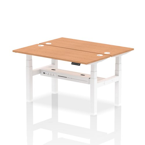 Dynamic Air Back-to-Back W1400 x D600mm Height Adjustable Sit Stand 2 Person Bench Desk With Cable Ports Oak Finish White Frame - HA01876