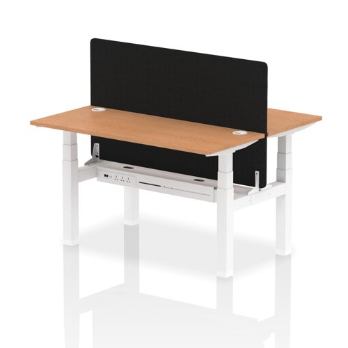 Air Back-to-Back 1400 x 600mm Height Adjustable 2 Person Office Bench Desk Oak Top with Cable Ports White Frame with Black Straight Screen