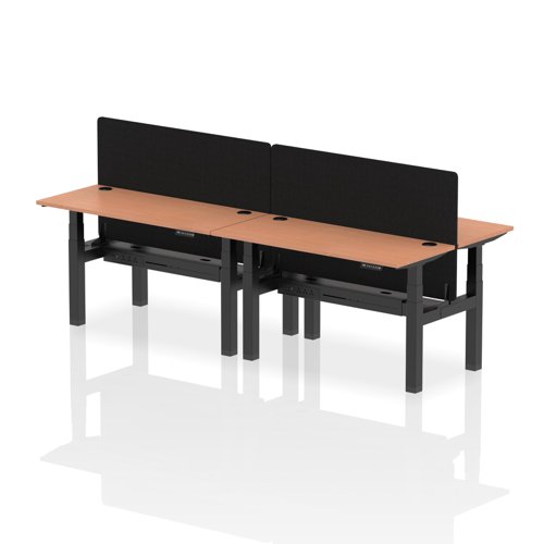 Air Back-to-Back 1400 x 600mm Height Adjustable 4 Person Office Bench Desk Beech Top with Cable Ports Black Frame with Black Straight Screen