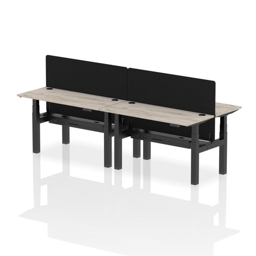 Air Back-to-Back 1400 x 600mm Height Adjustable 4 Person Office Bench Desk Grey Oak Top with Cable Ports Black Frame with Black Straight Screen