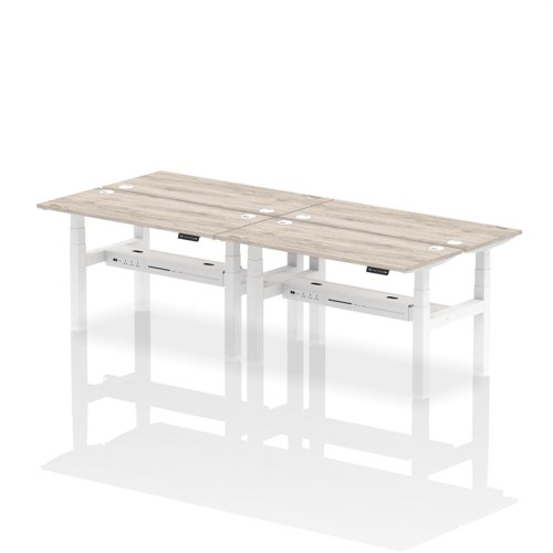 33074DY - Dynamic Air Back-to-Back W1400 x D600mm Height Adjustable Sit Stand 4 Person Bench Desk With Cable Ports Grey Oak Finish White Frame - HA01900