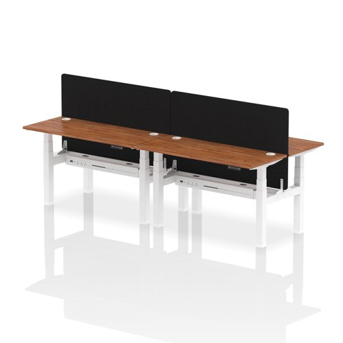 Air Back-to-Back 1400 x 600mm Height Adjustable 4 Person Office Bench Desk Walnut Top with Cable Ports White Frame with Black Straight Screen