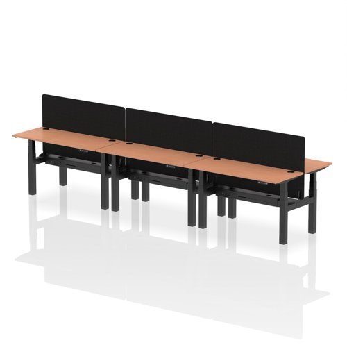 Air Back-to-Back 1400 x 600mm Height Adjustable 6 Person Office Bench Desk Beech Top with Cable Ports Black Frame with Black Straight Screen