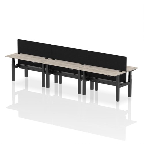 Air Back-to-Back 1400 x 600mm Height Adjustable 6 Person Office Bench Desk Grey Oak Top with Cable Ports Black Frame with Black Straight Screen