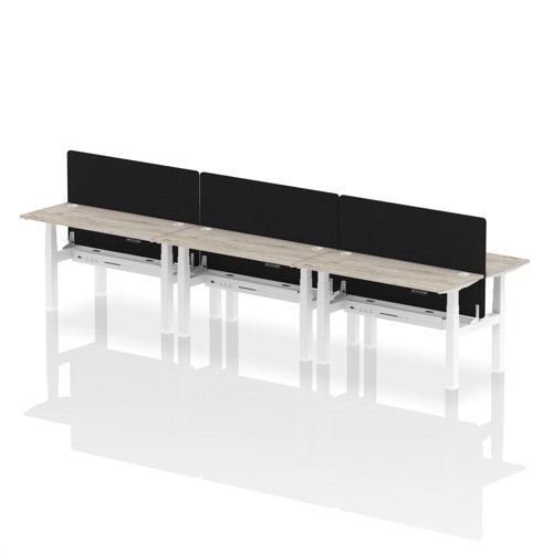Air Back-to-Back 1400 x 600mm Height Adjustable 6 Person Office Bench Desk Grey Oak Top with Cable Ports White Frame with Black Straight Screen