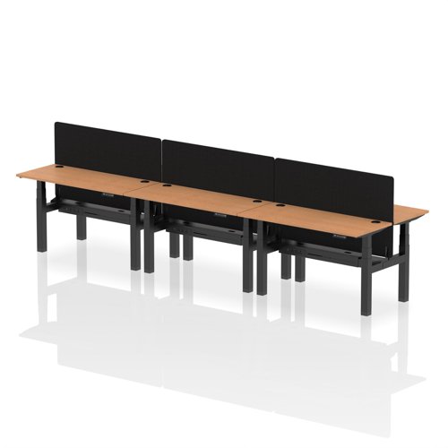 Air Back-to-Back 1400 x 600mm Height Adjustable 6 Person Office Bench Desk Oak Top with Cable Ports Black Frame with Black Straight Screen
