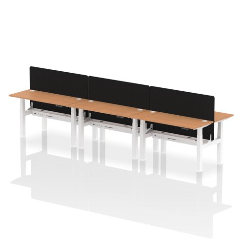 Air Back-to-Back 1400 x 600mm Height Adjustable 6 Person Office Bench Desk Oak Top with Cable Ports White Frame with Black Straight Screen