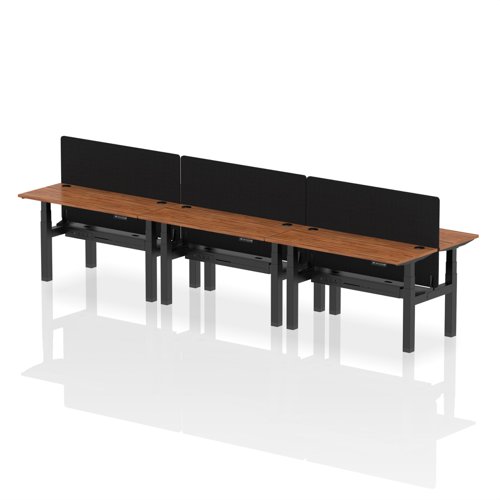 Air Back-to-Back 1400 x 600mm Height Adjustable 6 Person Office Bench Desk Walnut Top with Cable Ports Black Frame with Black Straight Screen