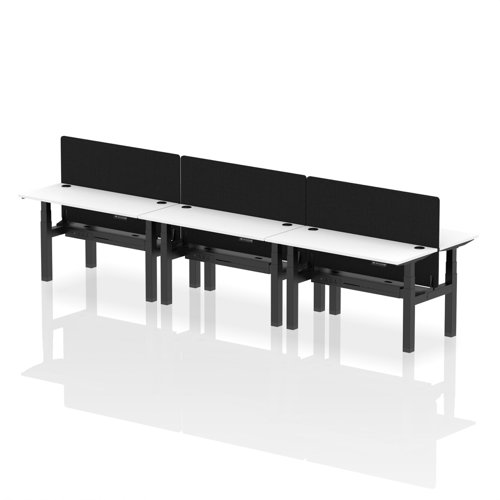 Air Back-to-Back 1400 x 600mm Height Adjustable 6 Person Office Bench Desk White Top with Cable Ports Black Frame with Black Straight Screen