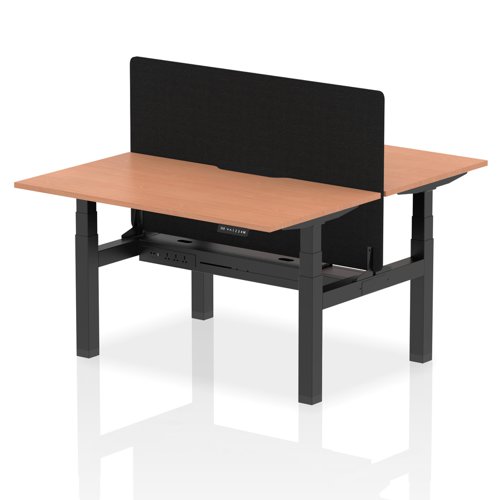 Air Back-to-Back 1400 x 800mm Height Adjustable 2 Person Bench Desk Beech Top with Scalloped Edge Black Frame with Black Straight Screen
