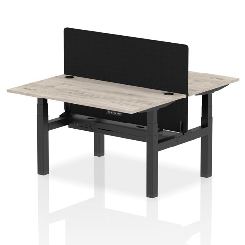 Air Back-to-Back 1400 x 800mm Height Adjustable 2 Person Bench Desk Grey Oak Top with Cable Ports Black Frame with Black Straight Screen