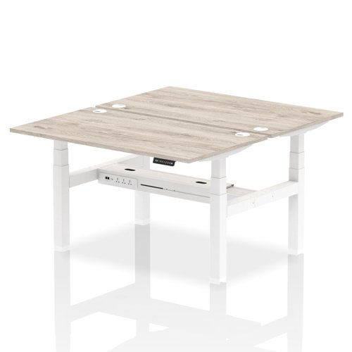 Dynamic Air Back-to-Back W1400 x D800mm Height Adjustable Sit Stand 2 Person Bench Desk With Cable Ports Grey Oak Finish White Frame - HA01978