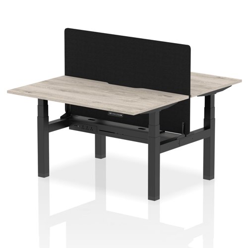 Air Back-to-Back 1400 x 800mm Height Adjustable 2 Person Bench Desk Grey Oak Top with Scalloped Edge Black Frame with Black Straight Screen