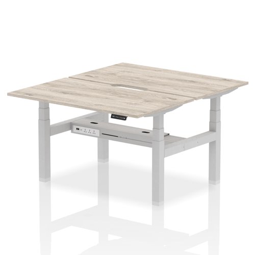 Air Back-to-Back 1400 x 800mm Height Adjustable 2 Person Office Bench Desk Grey Oak Top with Scalloped Edge Silver Frame
