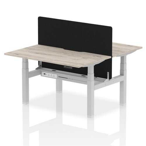 Air Back-to-Back 1400 x 800mm Height Adjustable 2 Person Office Bench Desk Grey Oak Top with Scalloped Edge Silver Frame with Black Straight Screen