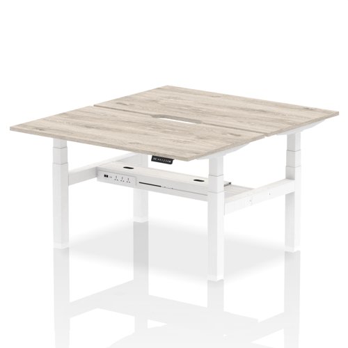 Air Back-to-Back 1400 x 800mm Height Adjustable 2 Person Bench Desk Grey Oak Top with Scalloped Edge White Frame