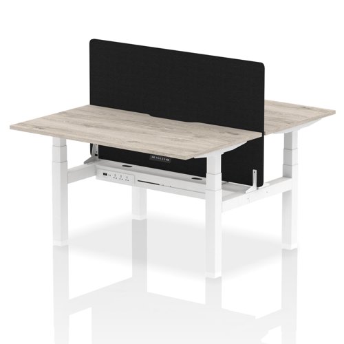 Air Back-to-Back 1400 x 800mm Height Adjustable 2 Person Office Bench Desk Grey Oak Top with Scalloped Edge White Frame with Black Straight Screen