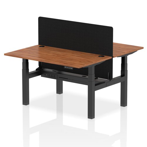 Air Back-to-Back 1400 x 800mm Height Adjustable 2 Person Bench Desk Walnut Top with Cable Ports Black Frame with Black Straight Screen