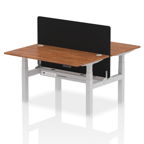 Air Back-to-Back 1400 x 800mm Height Adjustable 2 Person Office Bench Desk Walnut Top with Cable Ports Silver Frame with Black Straight Screen