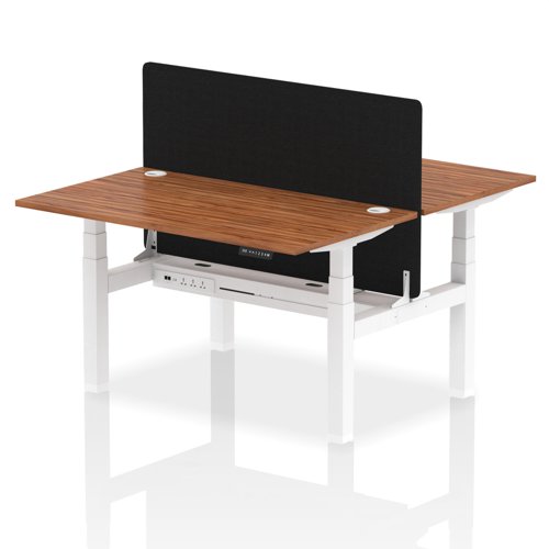 Air Back-to-Back 1400 x 800mm Height Adjustable 2 Person Office Bench Desk Walnut Top with Cable Ports White Frame with Black Straight Screen